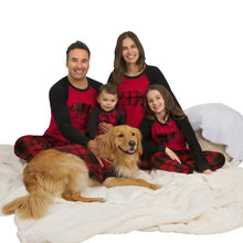 Matching family pajama sets with red tops and black-red plaid pants