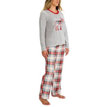 Grey long-sleeve pajama top with red trim and moose graphic, plaid pajama pants