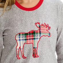 Heather grey pajama top close-up with red-trim neckline and moose plaid graphic