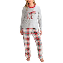 Grey pajama set with long-sleeve top, red trim, and plaid pants with moose print