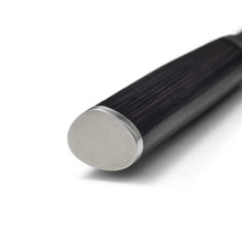 Slicer knife handle end with dark wood grip and metal ferrule
