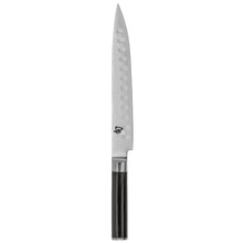 Shun Classic hollow-edge slicer knife with textured steel blade and black handle