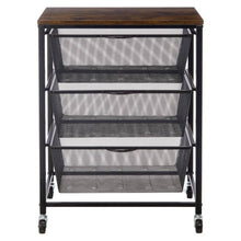 Black 3-tier mesh basket cart, front view with 3 open mesh shelves