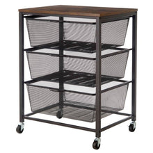 Black 3-tier mesh basket cart with wooden top and rolling base