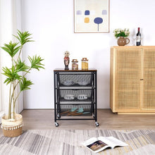 Black 3-tier mesh basket cart with open mesh storage and caster feet