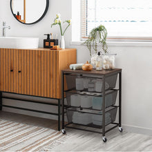 Black 3-tier mesh basket cart with wooden top and rolling wheels