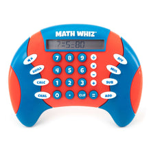 Math Whiz electronic math game console, blue and orange with number keypad display