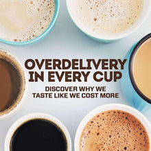 Assorted coffee cups with crema around text 'Overdelivery in every cup'