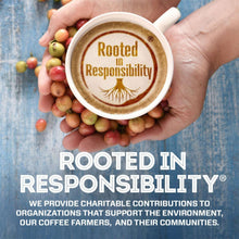 Coffee cup in hands with 'Rooted in Responsibility' message for K-Cup pods
