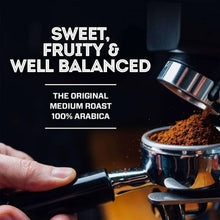 Coffee K-Cup pod marketing card with 'Sweet, fruity & well balanced' medium roast text