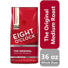 Medium roast whole bean coffee bag, 36 oz, front label