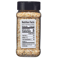 Everything bagel seasoning bottle with Nutrition Facts label and speckled seasoning inside