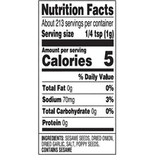 Nutrition Facts panel showing calories 5 and ingredients list for seasoning blend