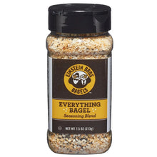 Everything bagel seasoning bottle with Everything Bagel label, black cap, speckled contents