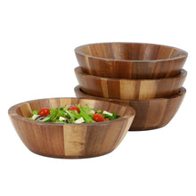 Acacia wood bowl set with salad, dark and light striped bowls, 7 inch