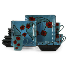 Blue stoneware dinnerware set, red floral leaf pattern, square plates, bowls, mugs