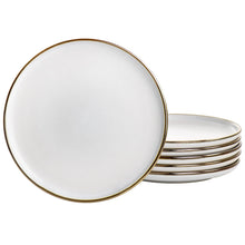 Matt white stoneware salad plates with gold rim, stack of six