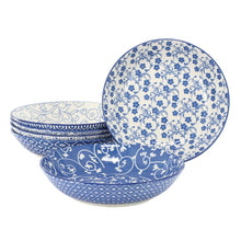 Porcelain bowl set with blue-and-white floral and geometric patterns, assorted sizes