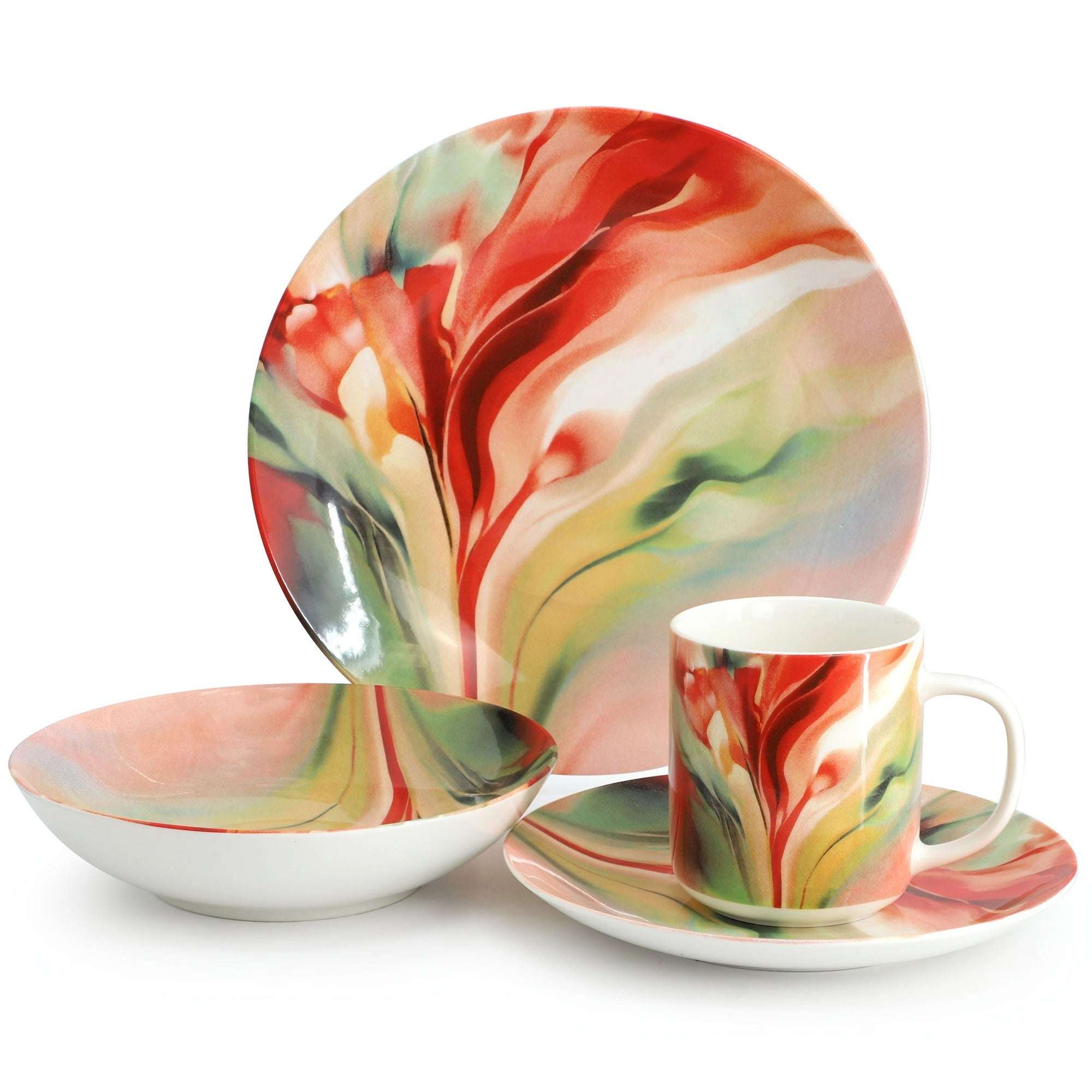 Elama Peony Garden 16 Piece Floral Design Round Porcelain Dinnerware Set in Blue
