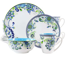Porcelain dinnerware set, blue and green floral paisley bowls and mugs
