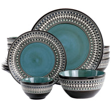 Blue sage stoneware dinnerware set with teal bowls and patterned plates in black with white trim