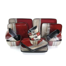 Stoneware dinnerware set: red square bowls and cups with black-and-beige stripe details