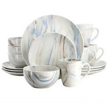 Marble-style porcelain dinnerware set: plates, bowls, and mugs in blue gray