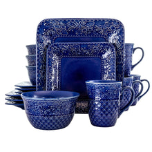 Indigo blue square dinnerware set with patterned bowls and handle mugs