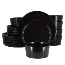 Black stoneware dinnerware set plates and bowls, glossy finish