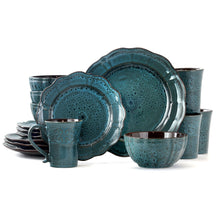 Lavish blue dinnerware set with matching plates, bowls, and mugs for four, speckled glaze