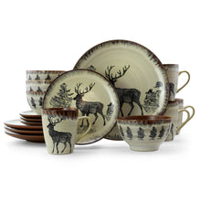 Elk-and-cabin stoneware dinnerware set with taupe mugs, bowls, and plates
