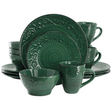 Dark green dinnerware set with embossed swirl pattern, dinner plates, bowls and mugs