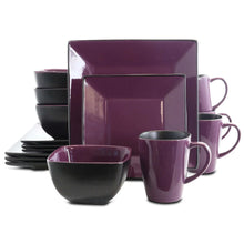 Purple stoneware dinnerware set: square plates, bowls, and mugs
