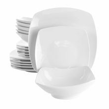 White square porcelain dinnerware set: stacked bowls and plates