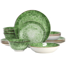 Green porcelain dinnerware set with matching double bowls and plates for four
