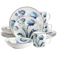 Blue floral porcelain dinnerware set with plates, bowls, and mugs in coordinated design