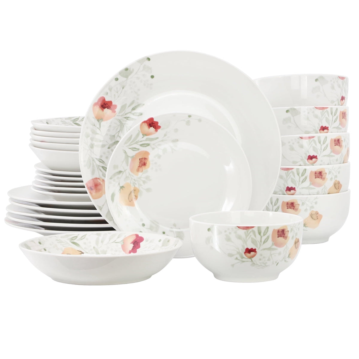 Elama Poppy 24 Piece Porcelain Double Bowl Dinnerware Set, Service for 6
