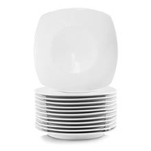 Stack of square porcelain dinner plates in glossy white, 12-piece set