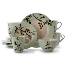Green stoneware dinnerware set with floral branch prints, plates, bowls and mugs