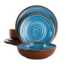 Blue and brown rippled melamine dinnerware bowls and plates, stack set view