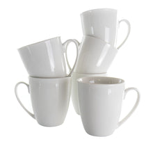 White porcelain mug set, six stackable mugs with curved handles, glossy finish