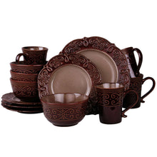 Dark brown stoneware dinnerware set with raised swirl pattern, plates, bowls, mugs, cups