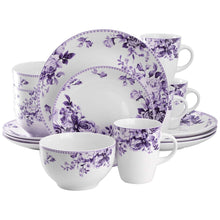 Porcelain dinnerware set with white base and purple rose-and-vine floral print