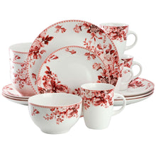 Floral stoneware dinnerware set with red rose plates, bowls, and mugs