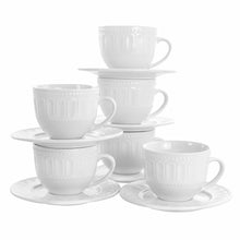 Ceramic mug set with embossed pattern and matching saucers, white glaze