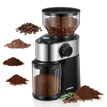 Electric coffee burr grinder with black base, clear bean hopper, and silver top