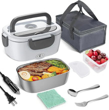 White electric lunch box with removable container, fork and spoon, carry bag