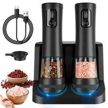 Black electric salt and pepper grinder set with two mills on charging base, LED window