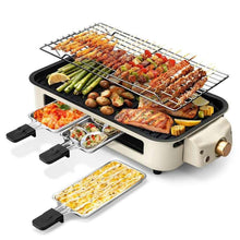 Beige indoor electric grill with wire rack, grill plate, and small nonstick food pans