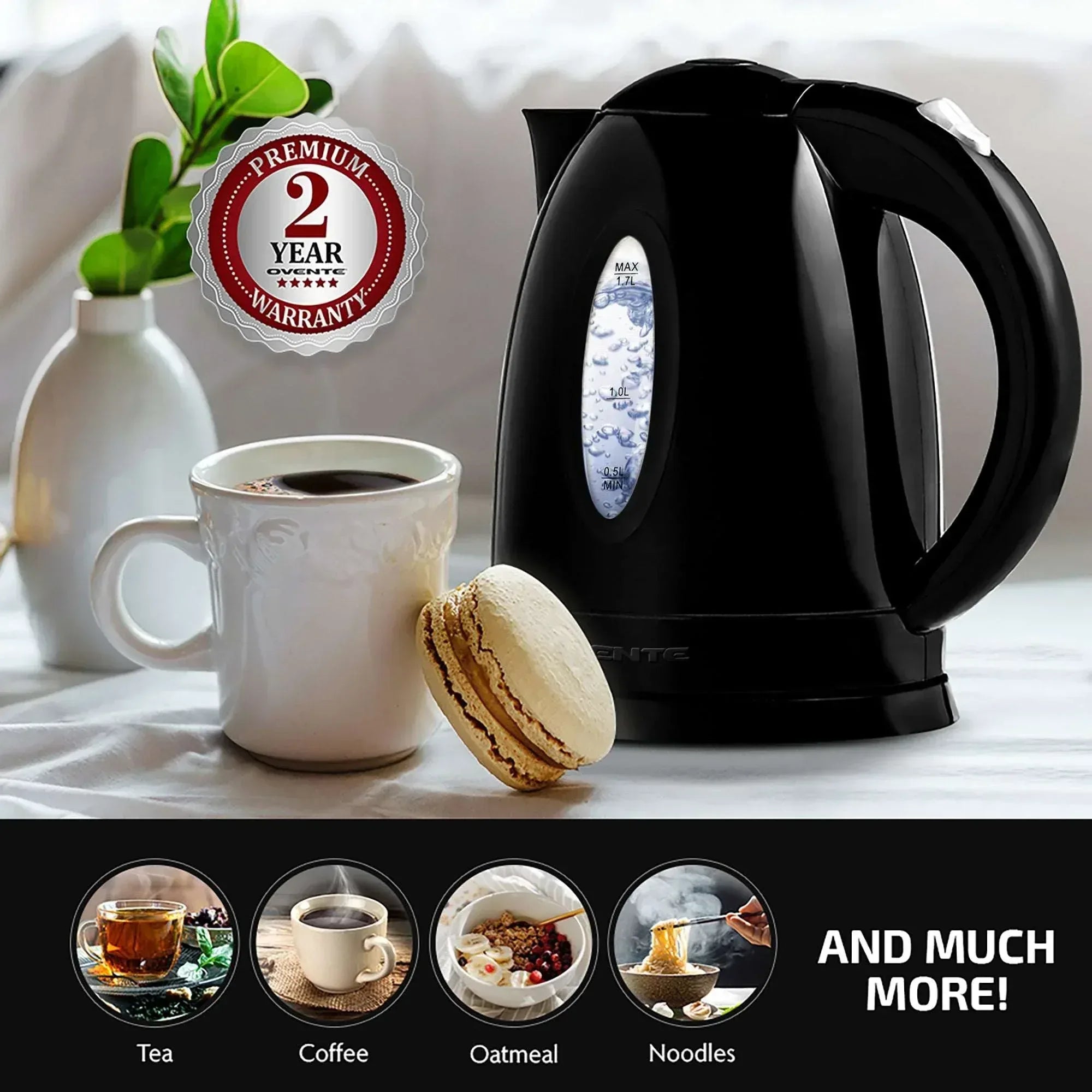 OVENTE Electric Kettle 1.7 Liter – BPA-Free Cordless Hot Water Kettle – Black (KP72B)